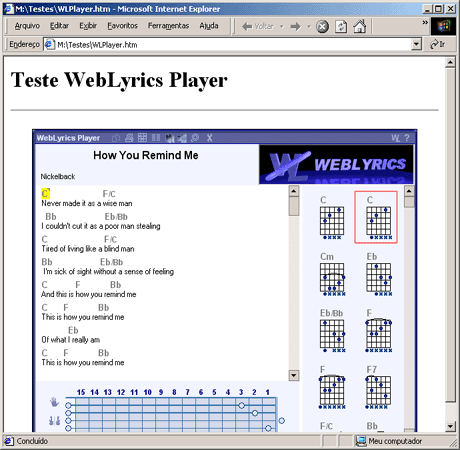 Exemplo do WebLyrics Player dentro do Internet Explorer